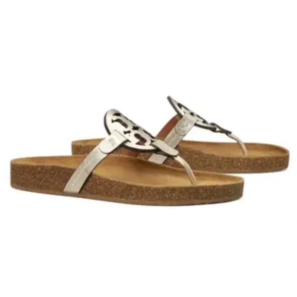 EUC Tory Burch Miller Cloud metallic goat leather cork Sandals